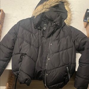 Forever 21 Black Puffer Jacket with Faux Fur Hood